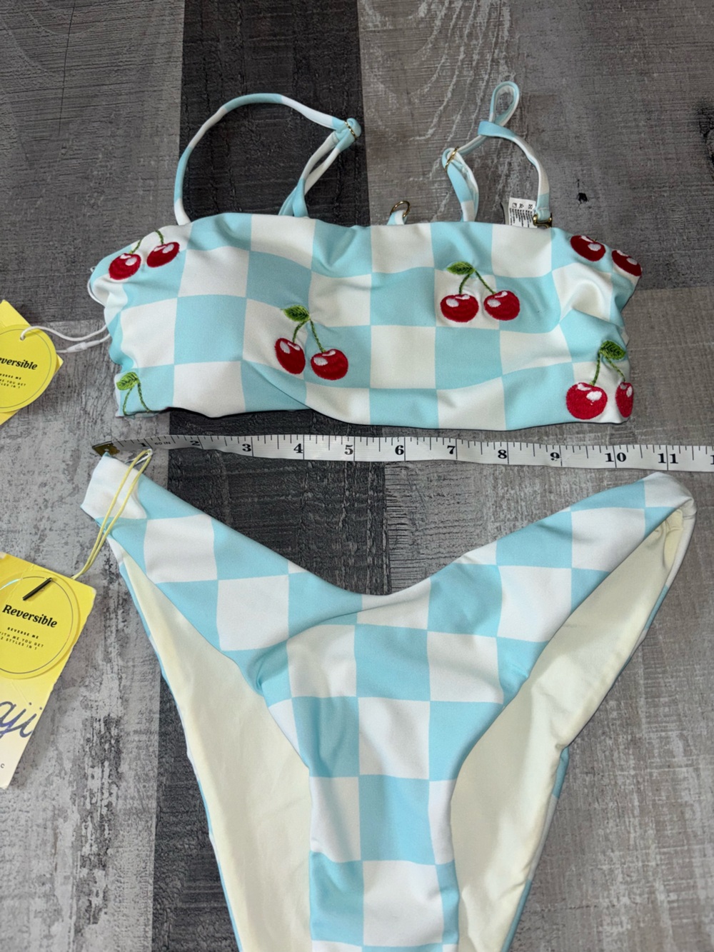 🍒NEW Maaji Bryn Light Blue Check Cherry Bandeau Bikini Set - Picture 4 of 9